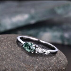 Etsy Moss Agate Ring, Pear Cut w 3 Gemstones, 925 Sterling Silver, Size 4 1/2